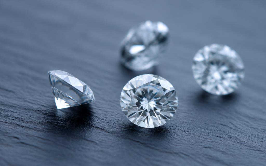 Lab-grown diamonds on a matte slate surface under cool laboratory light